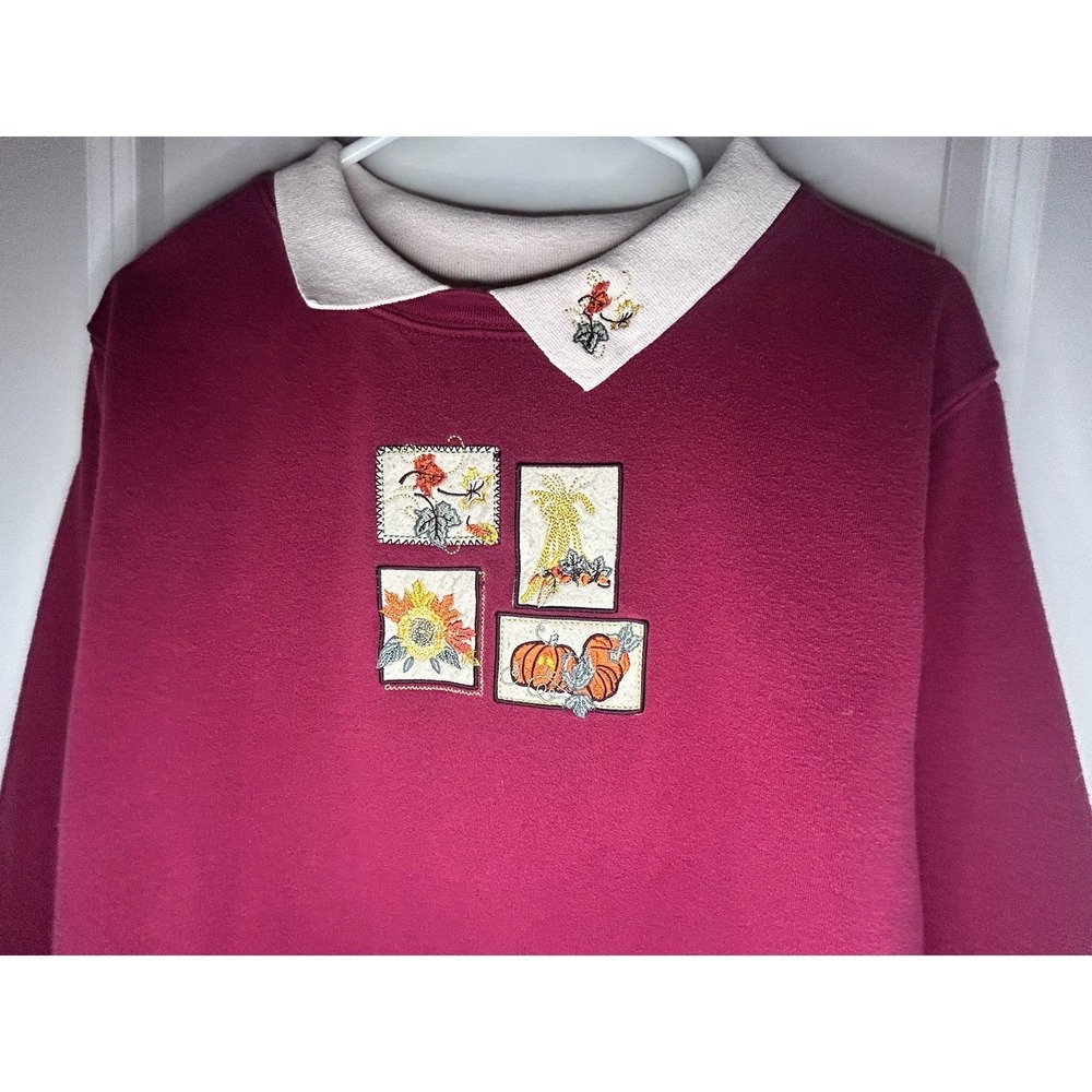 Vintage 90's Fall Pumpkins Embroidery Red Granny Sweatshirt Sz Womens Medium‎